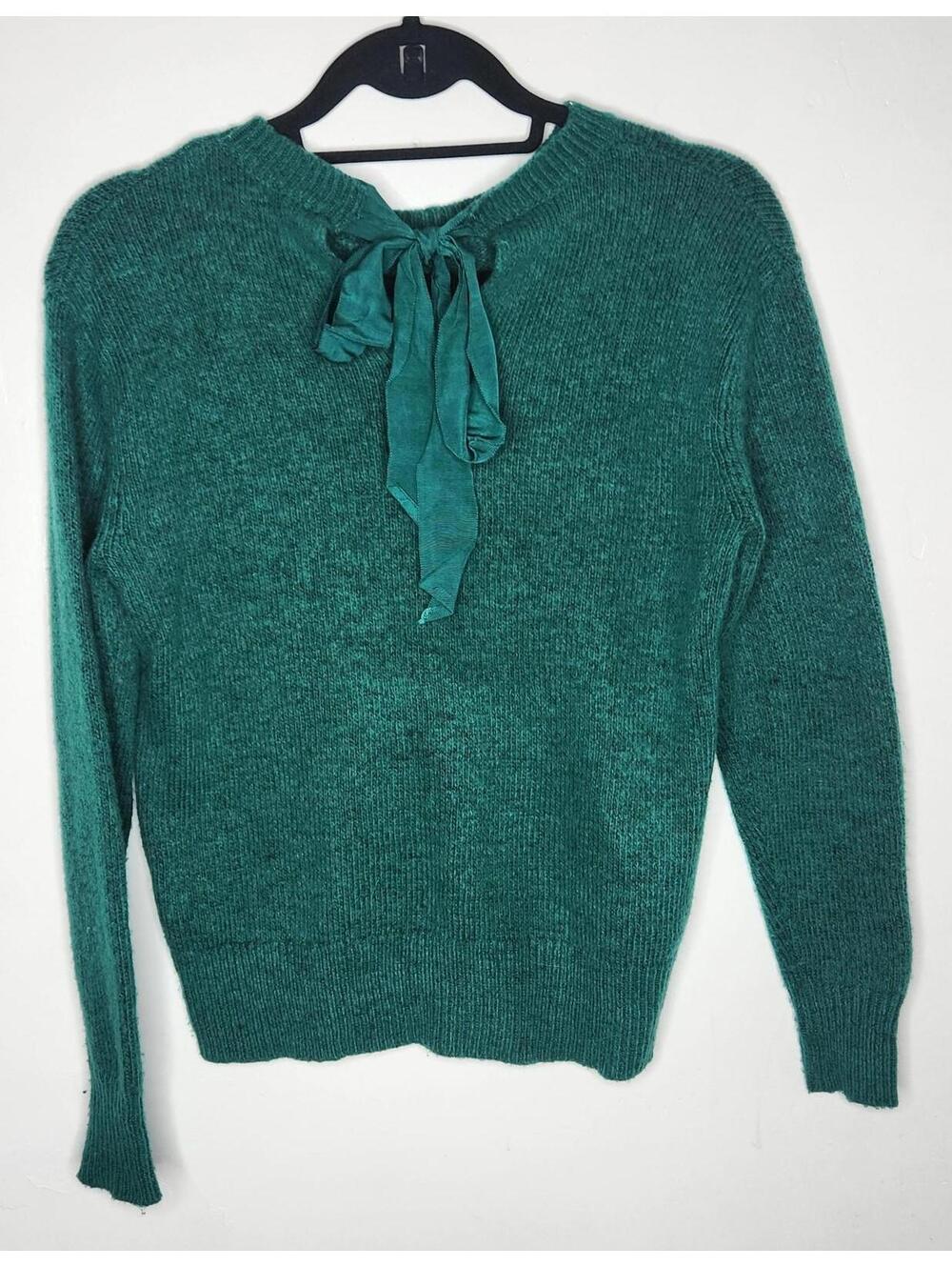Halogen Sweater Womens XS Teal Green Back Bow Tie Crewneck Knit Pullover Ribbed - Picture 4 of 6